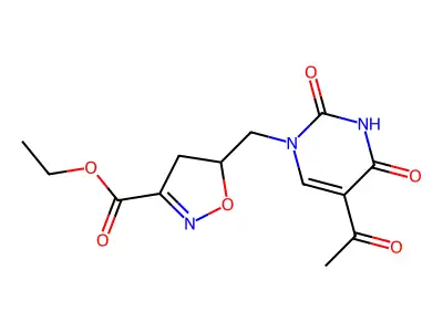 ethyl 5-{[5-acetyl-2,4-dioxo-3,4-dihydro-1(2H)-pyrimidinyl]methyl}-4,5-dihydro-3-isoxazolecarboxylate structure