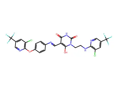 (5E)-1-(2-{[3-chloro-5-(trifluoromethyl)pyridin-2-yl]amino}ethyl)-5-{[(4-{[3-chloro-5-(trifluoromethyl)pyridin-2-yl]oxy}phenyl)amino]methylidene}-1,3-diazinane-2,4,6-trione structure
