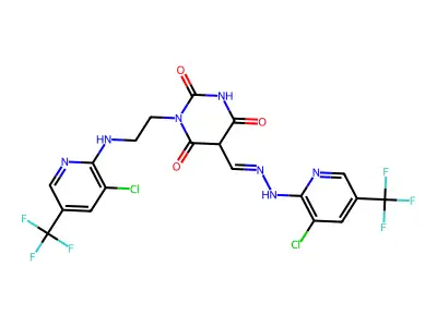 1-(2-{[3-chloro-5-(trifluoromethyl)-2-pyridinyl]amino}ethyl)-2,4,6-trioxohexahydro-5-pyrimidinecarbaldehyde N-[3-chloro-5-(trifluoromethyl)-2-pyridinyl]hydrazone structure