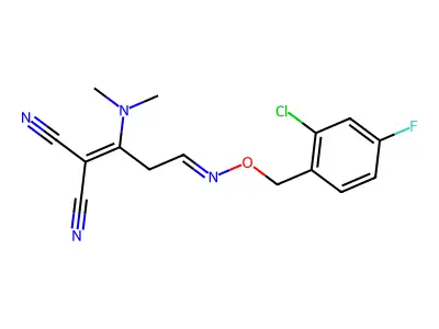 2-[3-{[(2-chloro-4-fluorobenzyl)oxy]imino}-1-(dimethylamino)propylidene]malononitrile structure