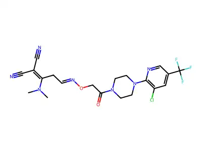 2-[3-[2-[4-[3-chloro-5-(trifluoromethyl)pyridin-2-yl]piperazin-1-yl]-2-oxoethoxy]imino-1-(dimethylamino)propylidene]propanedinitrile structure