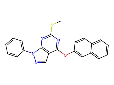 6-(methylsulfanyl)-4-(2-naphthyloxy)-1-phenyl-1H-pyrazolo[3,4-d]pyrimidine structure