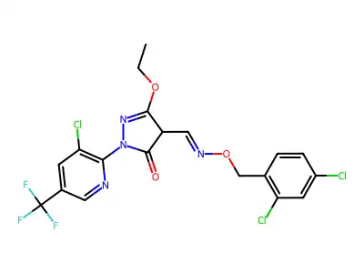 1-[3-chloro-5-(trifluoromethyl)-2-pyridinyl]-3-ethoxy-5-oxo-4,5-dihydro-1H-pyrazole-4-carbaldehyde O-(2,4-dichlorobenzyl)oxime structure