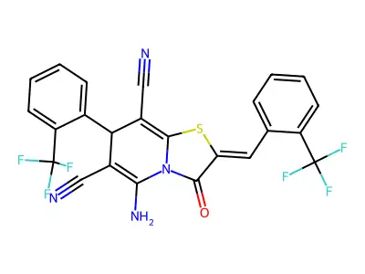 (2Z)-5-amino-3-oxo-7-[2-(trifluoromethyl)phenyl]-2-[[2-(trifluoromethyl)phenyl]methylidene]-7H-[1,3]thiazolo[3,2-a]pyridine-6,8-dicarbonitrile structure