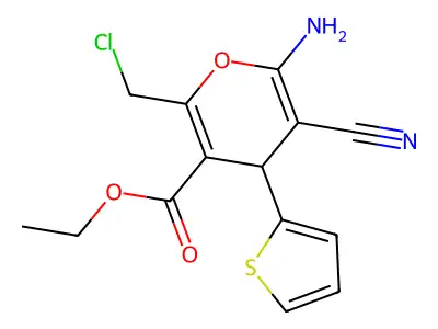 ethyl 6-amino-2-(chloromethyl)-5-cyano-4-(thiophen-2-yl)-4H-pyran-3-carboxylate structure