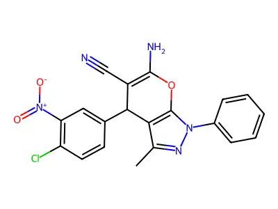 6-amino-4-(4-chloro-3-nitrophenyl)-3-methyl-1-phenyl-4H-pyrano[2,3-c]pyrazole-5-carbonitrile structure