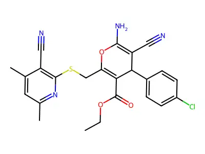 ethyl 6-amino-4-(4-chlorophenyl)-5-cyano-2-{[(3-cyano-4,6-dimethylpyridin-2-yl)sulfanyl]methyl}-4H-pyran-3-carboxylate structure