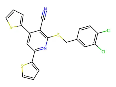 2-[(3,4-dichlorobenzyl)sulfanyl]-4,6-di(2-thienyl)nicotinonitrile structure