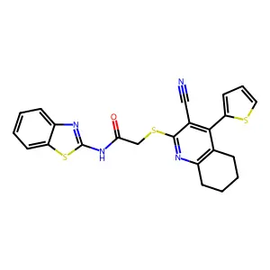 N-(1,3-benzothiazol-2-yl)-2-[(3-cyano-4-thiophen-2-yl-5,6,7,8-tetrahydroquinolin-2-yl)sulfanyl]acetamide structure