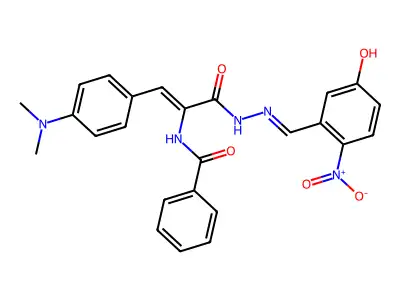 N-[(Z)-1-(4-dimethylaminophenyl)-3-[(2E)-2-[(5-hydroxy-2-nitrophenyl)methylidene]hydrazinyl]-3-oxoprop-1-en-2-yl]benzamide structure