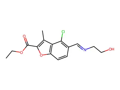 ethyl 4-chloro-5-{(E)-[(2-hydroxyethyl)imino]methyl}-3-methyl-1-benzofuran-2-carboxylate structure