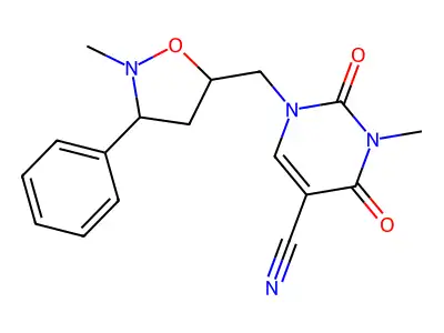 3-methyl-1-[(2-methyl-3-phenyltetrahydro-5-isoxazolyl)methyl]-2,4-dioxo-1,2,3,4-tetrahydro-5-pyrimidinecarbonitrile structure