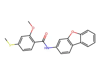 N-dibenzofuran-3-yl-2-methoxy-4-methylsulfanylbenzamide structure