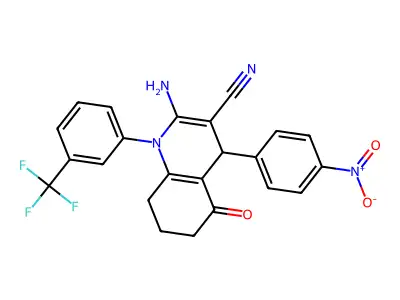 2-Amino-4-(4-nitrophenyl)-5-oxo-1-(3-(trifluoromethyl)phenyl)-1,4,5,6,7,8-hexahydroquinoline-3-carbonitrile structure