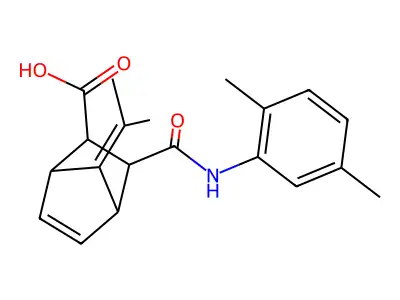3-[(2,5-dimethylanilino)carbonyl]-7-(1-methylethylidene)bicyclo[2.2.1]hept-5-ene-2-carboxylic acid structure