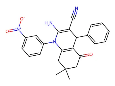 2-amino-7,7-dimethyl-1-(3-nitrophenyl)-5-oxo-4-phenyl-1,4,5,6,7,8-hexahydroquinoline-3-carbonitrile structure