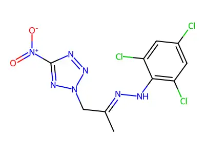 2,4,6-trichloro-N-[(E)-1-(5-nitrotetrazol-2-yl)propan-2-ylideneamino]aniline structure