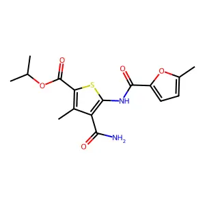 propan-2-yl 4-carbamoyl-3-methyl-5-[(5-methylfuran-2-carbonyl)amino]thiophene-2-carboxylate structure