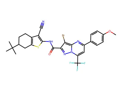 3-bromo-N-(6-tert-butyl-3-cyano-4,5,6,7-tetrahydro-1-benzothiophen-2-yl)-5-(4-methoxyphenyl)-7-(trifluoromethyl)pyrazolo[1,5-a]pyrimidine-2-carboxamide structure