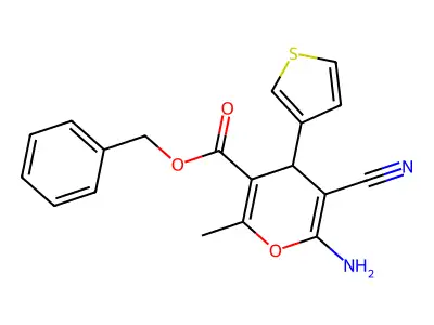 benzyl 6-amino-5-cyano-2-methyl-4-(thiophen-3-yl)-4H-pyran-3-carboxylate structure