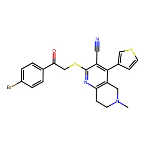 2-[2-(4-bromophenyl)-2-oxoethyl]sulfanyl-6-methyl-4-thiophen-3-yl-7,8-dihydro-5H-1,6-naphthyridine-3-carbonitrile structure