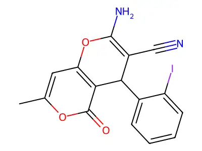 2-amino-4-(2-iodophenyl)-7-methyl-5-oxo-4H,5H-pyrano[4,3-b]pyran-3-carbonitrile structure