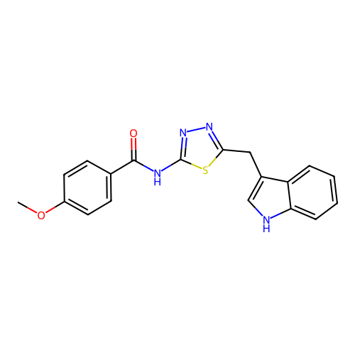 N-[5-(1H-indol-3-ylmethyl)-1,3,4-thiadiazol-2-yl]-4-methoxybenzamide structure