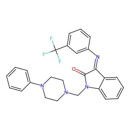 (Z)-1-((4-phenylpiperazin-1-yl)methyl)-3-((3-(trifluoromethyl)phenyl)imino)indolin-2-one structure