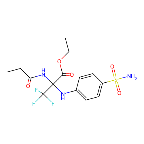 ethyl 3,3,3-trifluoro-2-(propanoylamino)-2-(4-sulfamoylanilino)propanoate structure