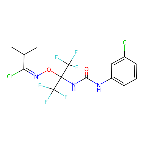 (1E)-N-[(2-{[(3-chlorophenyl)carbamoyl]amino}-1,1,1,3,3,3-hexafluoropropan-2-yl)oxy]-2-methylpropanimidoyl chloride structure