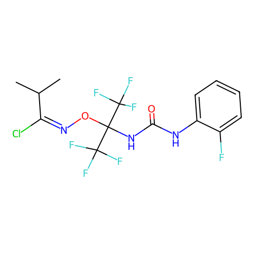 (1E)-N-[(1,1,1,3,3,3-hexafluoro-2-{[(2-fluorophenyl)carbamoyl]amino}propan-2-yl)oxy]-2-methylpropanimidoyl chloride structure