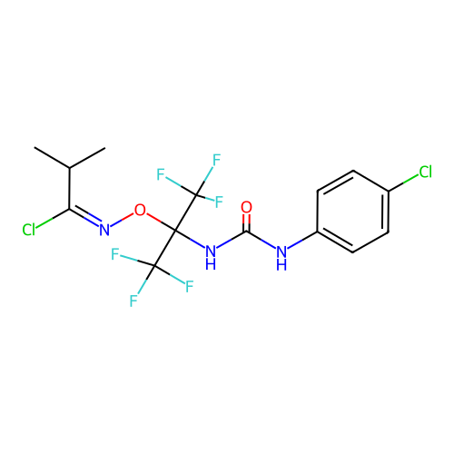 (1E)-N-[(2-{[(4-chlorophenyl)carbamoyl]amino}-1,1,1,3,3,3-hexafluoropropan-2-yl)oxy]-2-methylpropanimidoyl chloride structure
