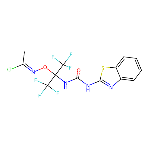 (1E)-N-({2-[(1,3-benzothiazol-2-ylcarbamoyl)amino]-1,1,1,3,3,3-hexafluoropropan-2-yl}oxy)ethanimidoyl chloride structure