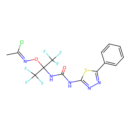(1Z)-N-[(1,1,1,3,3,3-hexafluoro-2-{[(5-phenyl-1,3,4-thiadiazol-2-yl)carbamoyl]amino}propan-2-yl)oxy]ethanimidoyl chloride structure