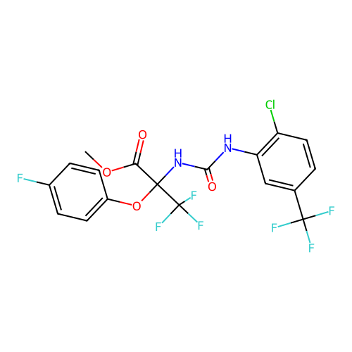 methyl 2-(3-(2-chloro-5-(trifluoromethyl)phenyl)ureido)-3,3,3-trifluoro-2-(4-fluorophenoxy)propanoate structure