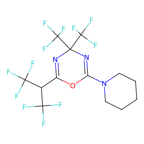 2-(1,1,1,3,3,3-hexafluoropropan-2-yl)-6-(piperidin-1-yl)-4,4-bis(trifluoromethyl)-4H-1,3,5-oxadiazine structure