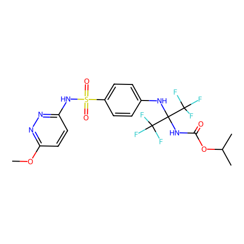isopropyl (1,1,1,3,3,3-hexafluoro-2-((4-(N-(6-methoxypyridazin-3-yl)sulfamoyl)phenyl)amino)propan-2-yl)carbamate structure