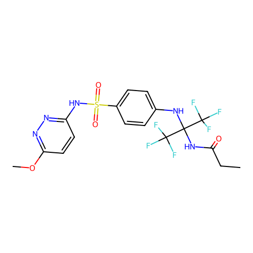 N-[1,1,1,3,3,3-hexafluoro-2-[4-[(6-methoxypyridazin-3-yl)sulfamoyl]anilino]propan-2-yl]propanamide structure