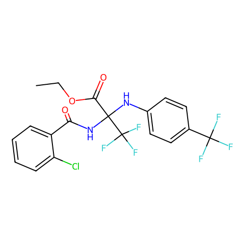 ethyl 2-(2-chlorobenzamido)-3,3,3-trifluoro-2-((4-(trifluoromethyl)phenyl)amino)propanoate structure
