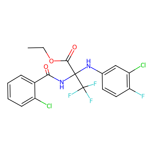 ethyl 2-((3-chloro-4-fluorophenyl)amino)-2-(2-chlorobenzamido)-3,3,3-trifluoropropanoate structure