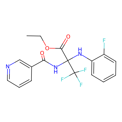 Ethyl 3,3,3-trifluoro-2-(2-fluoroanilino)-2-nicotinamidopropionate structure
