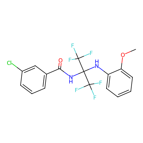 3-chloro-N-(1,1,1,3,3,3-hexafluoro-2-((2-methoxyphenyl)amino)propan-2-yl)benzamide structure