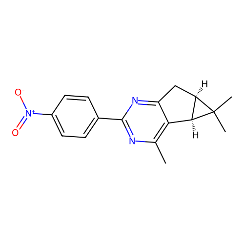 (4bS,5aR)-4,5,5-trimethyl-2-(4-nitrophenyl)-4b,5,5a,6-tetrahydrocyclopropa[3,4]cyclopenta[1,2-d]pyrimidine structure