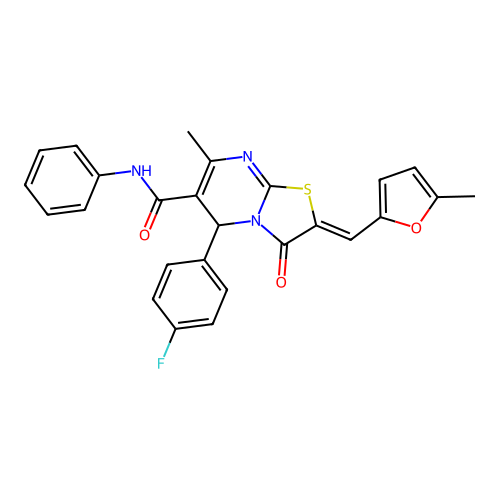(2Z)-5-(4-fluorophenyl)-7-methyl-2-[(5-methylfuran-2-yl)methylidene]-3-oxo-N-phenyl-2,3-dihydro-5H-[1,3]thiazolo[3,2-a]pyrimidine-6-carboxamide structure