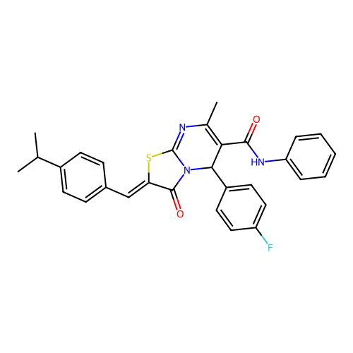 (2Z)-5-(4-fluorophenyl)-7-methyl-3-oxo-N-phenyl-2-[4-(propan-2-yl)benzylidene]-2,3-dihydro-5H-[1,3]thiazolo[3,2-a]pyrimidine-6-carboxamide structure