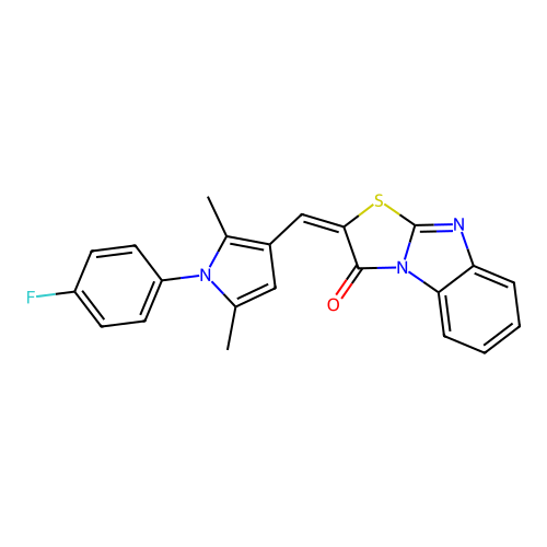 (E)-2-((1-(4-fluorophenyl)-2,5-dimethyl-1H-pyrrol-3-yl)methylene)benzo[4,5]imidazo[2,1-b]thiazol-3(2H)-one structure