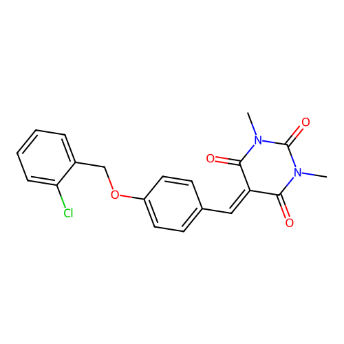 5-(4-((2-chlorobenzyl)oxy)benzylidene)-1,3-dimethylpyrimidine-2,4,6(1H,3H,5H)-trione structure