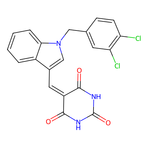 5-{[1-(3,4-dichlorobenzyl)-1H-indol-3-yl]methylidene}pyrimidine-2,4,6(1H,3H,5H)-trione structure