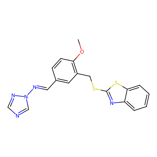 (E)-N-(3-((benzo[d]thiazol-2-ylthio)methyl)-4-methoxybenzylidene)-1H-1,2,4-triazol-1-amine structure