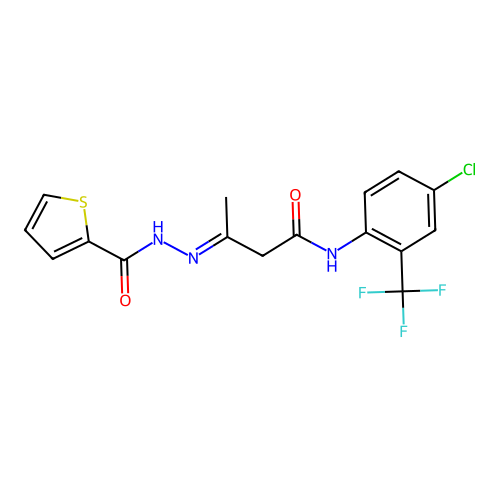 (3E)-N-[4-chloro-2-(trifluoromethyl)phenyl]-3-[2-(thiophen-2-ylcarbonyl)hydrazinylidene]butanamide structure